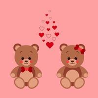 Two teddy bears in love sit between many little red hearts. The concept of Valentine Day. Flat vector illustration isolated on a red background