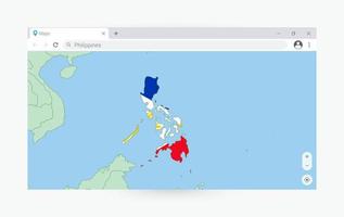 Browser window with map of Philippines, searching  Philippines in internet. vector