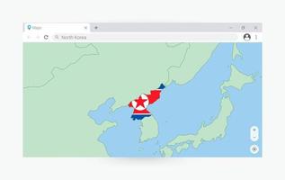 Browser window with map of North Korea, searching  North Korea in internet. vector