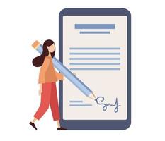Digital signature concept. Business woman signing electronic business contract on smartphone screen. Vector flat illustration