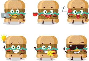 Hamburger cartoon character with various types of business emoticons vector