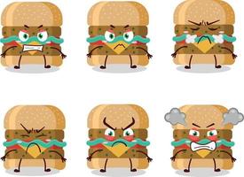 hamburguesa dibujos animados personaje con varios enojado expresiones vector