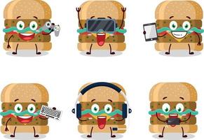 Hamburger cartoon character are playing games with various cute emoticons vector