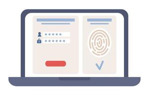 Scan fingerprint icon. Data protection concept. Biometric access control. Biometrics identification and verification on laptop screen. Vector flat illustration