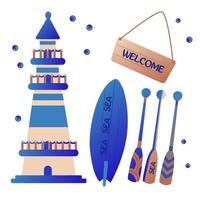 Set of nautical elements for marine design, including a lighthouse, a surfboard, oars and a sign with an inscription. vector illustration set.