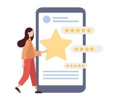 realimentación icono. mujer salir estrellas en clasificación en teléfono inteligente aplicación concepto. cliente encuesta, revisión y opinión. vector plano ilustración