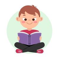 Cute little boy with down syndrome holding open book and reading. vector