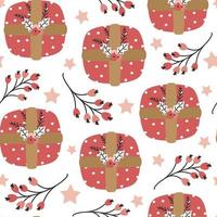 Cute colorful funny christmas seamless vector pattern background illustration with red gift boxes, stars and branches with berries