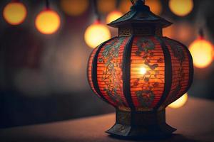 Chinese Illuminated lantern glowing with bokeh background on chinese new year festival, Chinese new year lantern background with bokeh photo