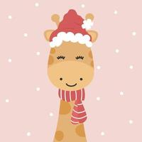 cute cartoon character giraffe with red santa claus hat and scarf funny vector illustration for christmas holiday greeting card