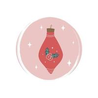 Cute red christmas bauble with holly and stars icon vector, illustration on circle with brush texture, for social media story and highlights vector