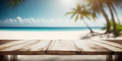 empty wooden table behind blurred beach with white sand and palm trees at sunny day AI photo