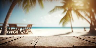 empty wooden table behind blurred beach with white sand and palm trees at sunny day AI photo