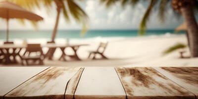 empty wooden table behind blurred beach with white sand and palm trees at sunny day AI photo