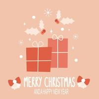 linda dibujos animados mano dibujado alegre Navidad vector tarjeta con rojo regalo cajas