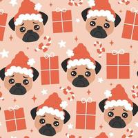 cute cartoon character pug puppy with santa claus hat christmas seamless vector pattern background illustration