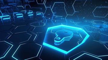 Cyber security concept with closed padlock on hexagons background 3D rendering photo