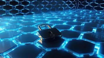 Cyber security concept with closed padlock on hexagons background 3D rendering photo