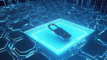 Cyber security concept with closed padlock on hexagons background 3D rendering photo
