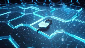 Cyber security concept with closed padlock on hexagons background 3D rendering photo