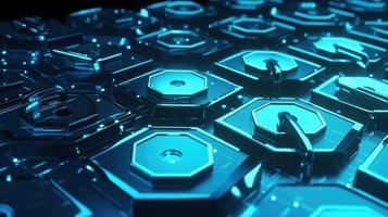 Cyber security concept with closed padlock on hexagons background 3D rendering photo