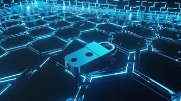 Cyber security concept with closed padlock on hexagons background 3D rendering photo