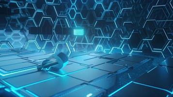 Cyber security concept with closed padlock on hexagons background 3D rendering photo