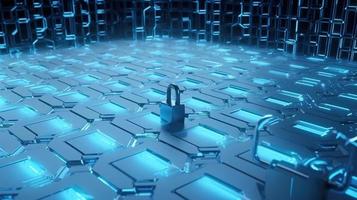 Cyber security concept with closed padlock on hexagons background 3D rendering photo