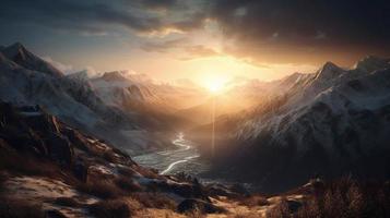 Sunset in the mountains. Sunrise in the mountains. Beautiful winter landscape,Mountain landscape at sunset. Panoramic view of the mountains photo