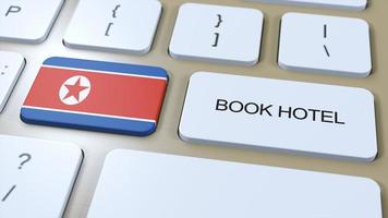 libro hotel en norte Corea con sitio web en línea. botón en computadora teclado. viaje concepto 3d animación. libro hotel texto y nacional bandera. 3d ilustración foto