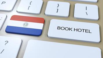 libro hotel en paraguay con sitio web en línea. botón en computadora teclado. viaje concepto 3d animación. libro hotel texto y nacional bandera. 3d ilustración foto