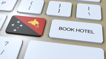 Book hotel in Papua New Guinea with website online. Button on computer keyboard. Travel concept 3D animation. Book hotel text and national flag. 3D illustration photo