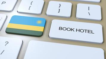 libro hotel en Ruanda con sitio web en línea. botón en computadora teclado. viaje concepto 3d animación. libro hotel texto y nacional bandera. 3d ilustración foto