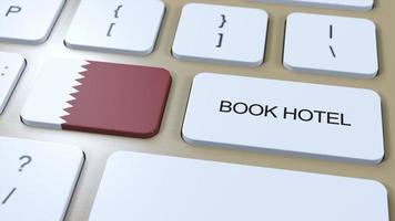 Book hotel in Qatar with website online. Button on computer keyboard. Travel concept 3D animation. Book hotel text and national flag. 3D illustration photo