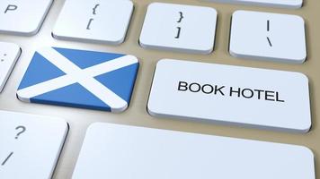 Book hotel in Scotland with website online. Button on computer keyboard. Travel concept 3D animation. Book hotel text and national flag. 3D illustration photo