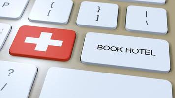 libro hotel en Suiza con sitio web en línea. botón en computadora teclado. viaje concepto 3d animación. libro hotel texto y nacional bandera. 3d ilustración foto