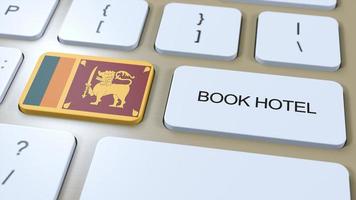 Book hotel in Sri Lanka with website online. Button on computer keyboard. Travel concept 3D animation. Book hotel text and national flag. 3D illustration photo