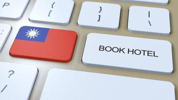 Book hotel in Taiwan with website online. Button on computer keyboard. Travel concept 3D animation. Book hotel text and national flag. 3D illustration photo
