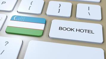 Book hotel in Uzbekistan with website online. Button on computer keyboard. Travel concept 3D animation. Book hotel text and national flag. 3D illustration photo