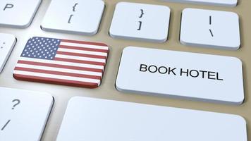 Book hotel in USA United States with website online. Button on computer keyboard. Travel concept 3D animation. Book hotel text and national flag. 3D illustration photo