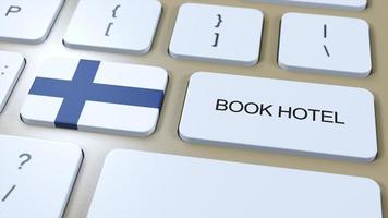 Book hotel in Finland with website online. Button on computer keyboard. Travel concept 3D animation. Book hotel text and national flag. 3D illustration photo