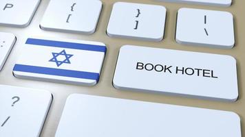 Book hotel in Israel with website online. Button on computer keyboard. Travel concept 3D animation. Book hotel text and national flag. 3D illustration photo