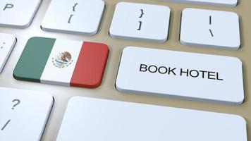 libro hotel en mexico con sitio web en línea. botón en computadora teclado. viaje concepto 3d animación. libro hotel texto y nacional bandera. 3d ilustración foto