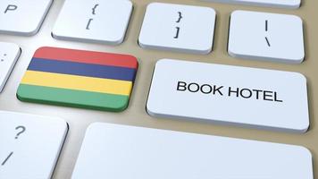 libro hotel en Mauricio con sitio web en línea. botón en computadora teclado. viaje concepto 3d animación. libro hotel texto y nacional bandera. 3d ilustración foto