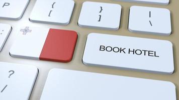 Book hotel in Malta with website online. Button on computer keyboard. Travel concept 3D animation. Book hotel text and national flag. 3D illustration photo