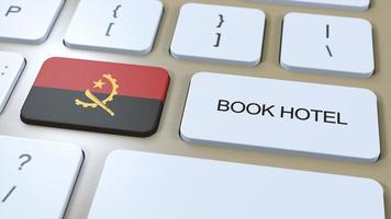 libro hotel en angola con sitio web en línea. botón en computadora teclado. viaje concepto 3d animación. libro hotel texto y nacional bandera. 3d ilustración foto