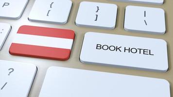 libro hotel en Austria con sitio web en línea. botón en computadora teclado. viaje concepto 3d animación. libro hotel texto y nacional bandera. 3d ilustración foto