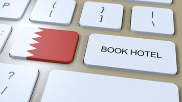 Book hotel in Bahrain with website online. Button on computer keyboard. Travel concept 3D animation. Book hotel text and national flag. 3D illustration photo