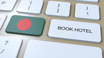 libro hotel en Bangladesh con sitio web en línea. botón en computadora teclado. viaje concepto 3d animación. libro hotel texto y nacional bandera. 3d ilustración foto