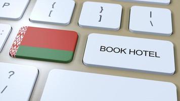 Book hotel in Belarus with website online. Button on computer keyboard. Travel concept 3D animation. Book hotel text and national flag. 3D illustration photo